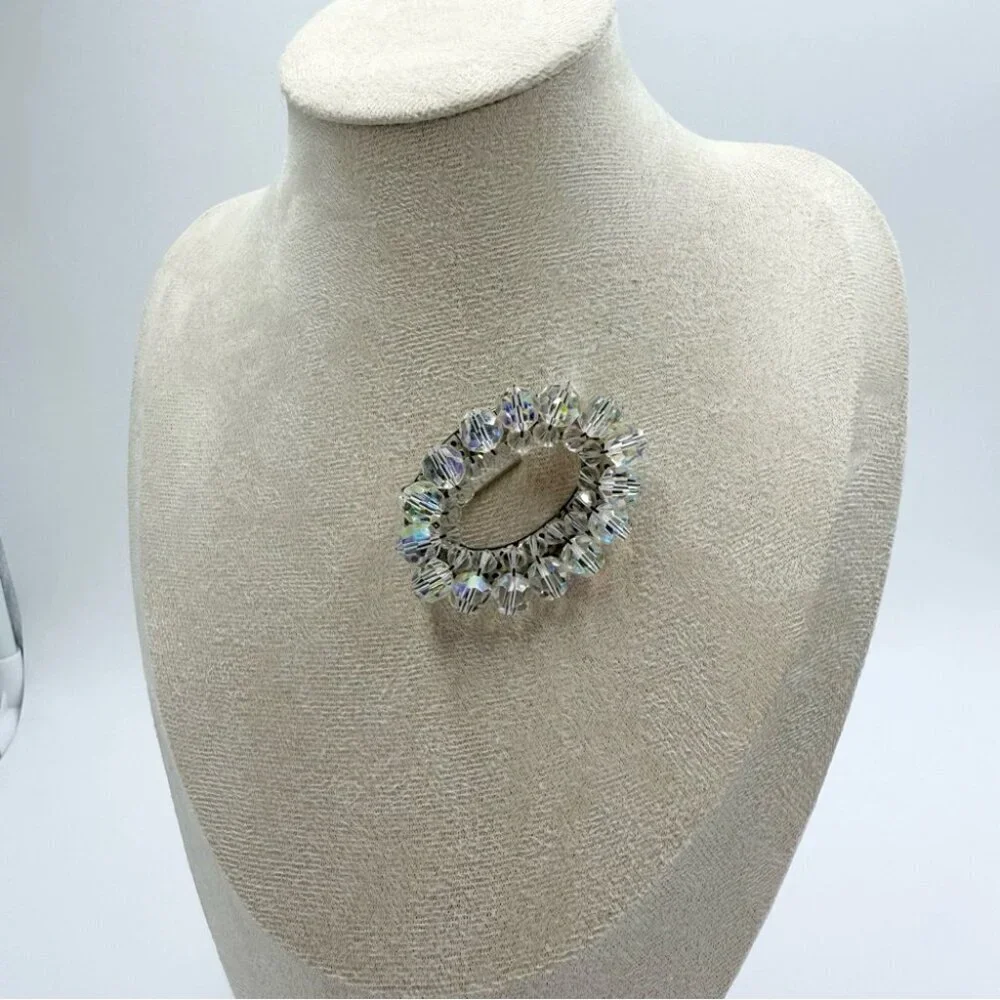 Vintage AURORA BOREALIS Crystal Beaded Cluster Oval Silver Tone Brooch Pin